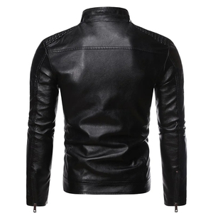 Blouson moto homme noir en cuir véritable imperméable, col rabattable, fermeture éclair, coupe ajustée, pour l'automne, avec logo frontal - Product Image 2