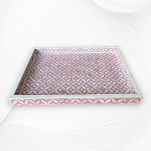 Plateau décoratif vintage rose en nacre incrustée, plateau de service géométrique en os incrusté, plateau décoratif fait main en gros pour table basse - Product Image 1