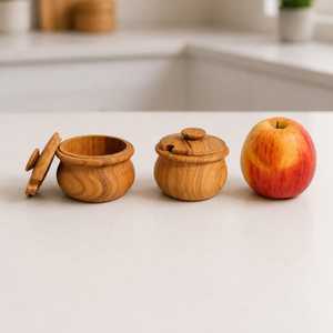 Boîte de rangement ronde en bois écologique avec couvercle pour comptoir de cuisine, organisateur de sel, d'épices et de condiments - Product Image 3