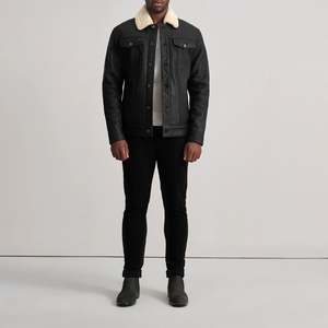 <b>Men's</b> Genuine <b>Leather</b> Bomber <b>Jacket</b> Turn-down Collar Button Closure Faux Fur Lining Windproof Winter Wear Solid Color - Product Image 6