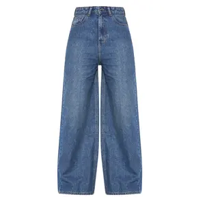 Tùy chỉnh cô gái cao rửa chàm eo thấp rộng chân jeans sang trọng căng Overalls baggy phụ nữ quần thẳng mẹ của phụ nữ jeans