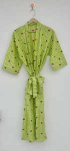 Women Cotton Heart Printed V-neck <b>Kimono</b> Robe Striped Long Sleeve Belted Knee Length Boho Summer <b>Beach</b> Resort Wear Hand Block - Product Image 2