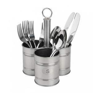 Good Looking Metal 2 Compartment Utensil <b>Caddy</b> Cutlery Holder With Wood Handles For <b>Kitchen</b> Countertop Organization - Product Image 4
