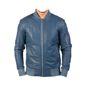 Blouson aviateur en cuir de mouton bleu de haute qualité pour hommes, style formel d'hiver avec décoration de boutons, toile fine - Product Image 1