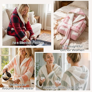 Bata de baño de lana afelpada cálida de invierno para mujer, con capucha, a cuadros, suave, de felpa, camisón informal, ropa de dormir, bata de spa - Product Image 6