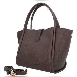 Bolso Tote Abierto de Cuero Granulado Negro para Mujer, Bolso de Hombro Estructurado Marrón Oscuro con Asas Enrolladas - Product Image 5