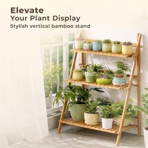 Support pour plantes contemporain à 3 niveaux en bois dur tropical |   Étagère de présentation en bois pour plantes d'extérieur, vente en gros - Product Image 3