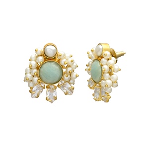 Vintagelike Round Faceted Opalite & Small Round <b>Pearl</b> Stud <b>Earrings</b> Beautiful Statement for Women for Weddings Mainly Made Brass - Product Image 2