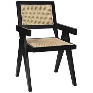 Teak wood <b>bar</b> <b>stool</b> with rattan accents and a modern design featuring armrests, perfect for relaxing. - Product Image 2