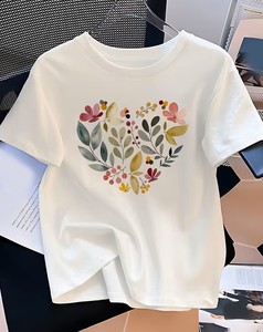 Women's Customizable Floral Heart Print 100% Cotton Short Sleeve Crew Neck T-Shirt Casual Spring Summer Wear Eco-Friendly - Product Image 1