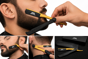 Navaja de afeitar recta JRL negra y dorada con mango antideslizante para uso en barberías - Product Image 6