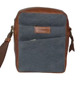 Sac messager en toile pour homme avec garniture en cuir, fermeture éclair, poche avant, usage quotidien, petite taille, style toutes saisons - Product Image 2