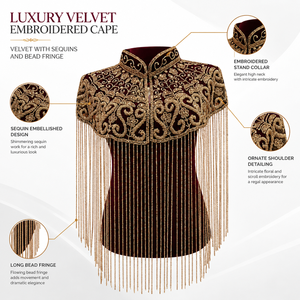Luxury Velvet Embroidered Short Shoulder <b>Cape</b> with Sequins Bead Fringe Single Button Closure for Bridal Evening Wear Costume - Product Image 6