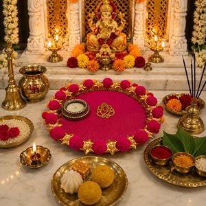 Thali de prière Ganesha Pompom avec Diya en métal, ensemble de thali décoratif religieux festif fait à la main - Product Image 2