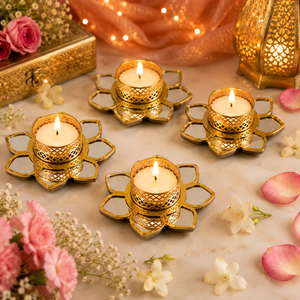 Golden Lotus Tealight Candle Holder | Metal Mirror Diya Holder for Diwali Decoration | Decorative <b>Tea</b> <b>Light</b> Stand for Home Decor - Product Image 5