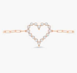 Pulsera de Oro Sólido de 14k y 18k con Corazón Abierto y Diamantes Redondos, Engaste de Garras, Minimalista, para Uso Diario, Delicada, con Cadena Tipo Paperclip - Product Image 4
