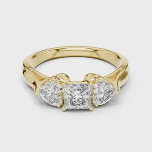 Bague de fiançailles et alliance de mariage pour femme, trois pierres en diamant de laboratoire, taille princesse et taille ronde - Product Image 2