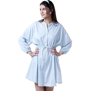 Verano algodón abotonado tres cuartos manga Mini longitud vestido de fiesta hecho a mano para mujer - Product Image 1