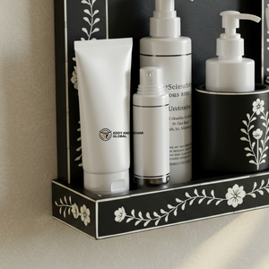 Organizador de baño floral negro, estante de pared decorativo de madera, juego de almacenamiento para baño con soporte para cepillos de dientes - Product Image 5