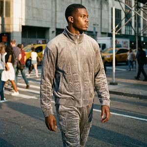 Men <b>Tracksuit</b> Set Heavyweight Two-Piece Eco-Friendly Acid Wash <b>Velour</b> Boxy Jacket Stacked Pants Streetwear Custom Wholesale - Product Image 1
