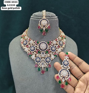 Elegant Rose Gold Finish <b>Floral</b> Cluster Statement Necklace Set Teardrop Tassel Bridal Wedding Jewelry Earrings And Mang Tika Set - Product Image 3