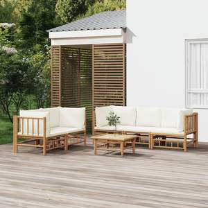 Juego de Sofás Modulares para Jardín en Color Blanco Crema, de Bambú y Poliéster - Product Image 1