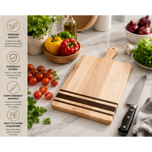 Planche à découper élégante en bois de noyer, fabriquée à la main, avec des rayures contrastées foncées et une poignée supérieure en forme de pagaie, idéale pour couper les légumes. - Product Image 5