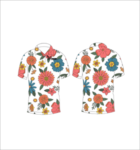Polo Floral Denso Rojo y Azul con Patrón Multicolor Atrevido, Manga Corta, Verano, Casual, Vista Frontal y Trasera - Product Image 1