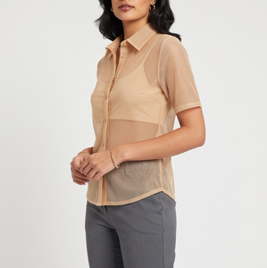 Camisa transparente de manga corta con botones para mujer, cuello vuelto, top transparente para oficina, ropa de dormir sexy para primavera y verano, camisas transparentes para mujer - Product Image 5