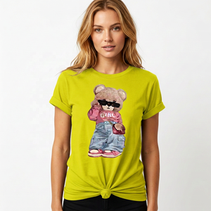 Camiseta Casual de Cuello Redondo para Mujer con Estampado de Personaje de Oso, Corte Regular, Manga Corta, 100% Algodón Jersey - Product Image 2