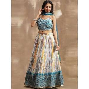 Placer blanco y azul lentejuelas Chinon ropa festiva Lehenga Choli - Product Image 1