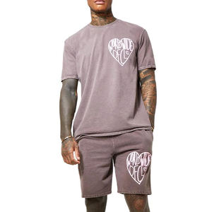 Cotton Acid Wash Tracksuit Puff Printed Sweatsuits <b>Set</b> with logo Shorts and t Shirt <b>Set</b> Men - Product Image 1