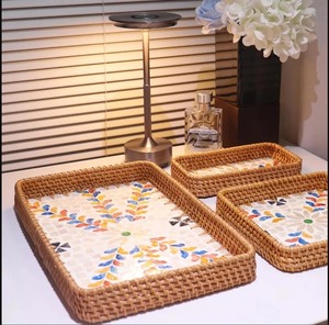 Premium Handmade MOP Shell Inlay Rattan <b>Tray</b> Set Luxury Decorative <b>Serving</b> Platter for Ramadan Eid Diwali & Home Decor - Product Image 6