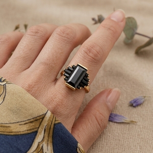 14K 18K Gold Black Onyx Emerald Cut Statement <b>Ring</b> Vintage Art Deco Cocktail <b>Ring</b> for Women - Product Image 6
