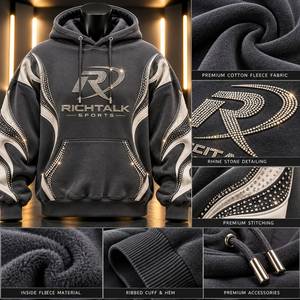 Sweat-shirt à capuche pour homme, imprimé pailleté, logo en strass sur le devant, coton lourd, hiver, noir - Product Image 6