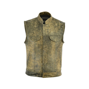 Gilet en cuir véritable marron et noir pour homme, style vintage, col rond, fermeture boutonnée, style motard, pour l'automne - Product Image 1