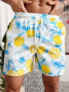 Shorts de Playa para Hombre con Estampado de Limones, Cintura con Cordón, Bolsillos, Secado Rápido, Traje de Baño con Patrón Blanco, Azul y Amarillo - Product Image 1