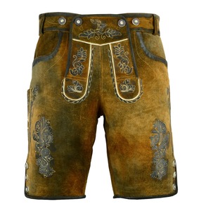 Shorts bavarois en cuir marron brodés pour homme, taille haute, motif floral, style décontracté, fermeture boutonnée - Product Image 1