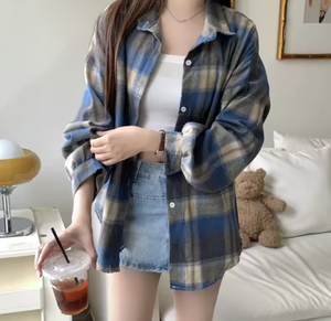 Flannel Plaid Shirt Women Long Sleeve Collared Button <b>Down</b> Oversized Check Blouse Shacket Female Street Style Casual Outfit - Product Image 2
