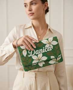 Handmade Rectangular Handbag With White Daisy Embroidery On Teal Background Chain Strap - Product Image 3