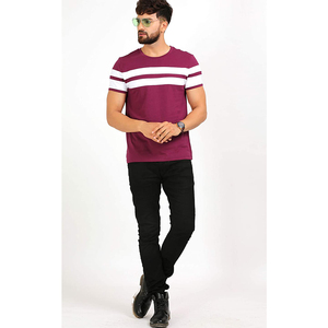 Men's Burgundy White Striped Short Sleeve O-Neck Knitted Casual <b>T</b>-<b>Shirt</b> - Product Image 5