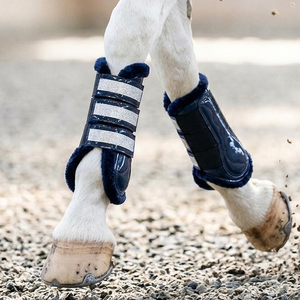 Premium Dark Navy Blue Patent Faux Leather Horse Shockproof <b>Brushing</b> <b>Boot</b> Matching Fur Padded Glitter Velcro Strap - Product Image 2