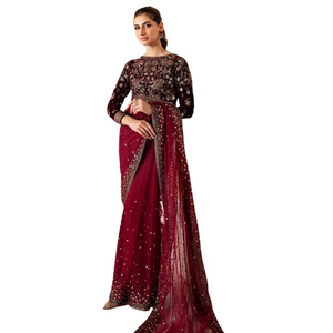 Ensemble de Blouse et Saree de Mariage Pakistanais pour Femme, en Velours Marron et Rayonne, Longueur Ras du Sol, Coupe Trapèze, Grande Taille, Robe de Luxe - Product Image 6