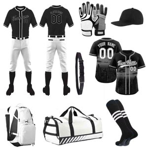 Aangepaste honkbaluniformset unisex zwart wit jersey broek handschoenen hoed sokken tas ademend vocht afvoerend polyester - Product Image 1