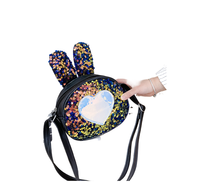 Sac à bandoulière en similicuir PU pour femme, style preppy, motif cœur pailleté, forme lapin, grande capacité, avec fermeture éclair