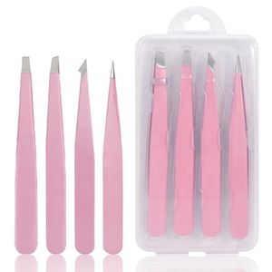 Pinzas Cosméticas Personalizadas, Juego de 4 Pinzas Rosadas Inclinadas y Puntiagudas para Cejas y Pestañas con Estuche - Product Image 1