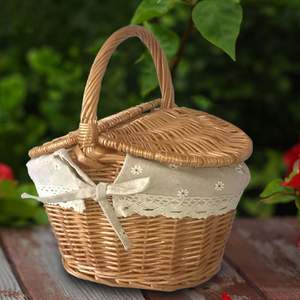 Panier de pique-nique rustique en rotin tressé à la main, écologique, avec couvercle et poignée, style vintage, panier de rangement avec doublure en tissu lavable - Product Image 4