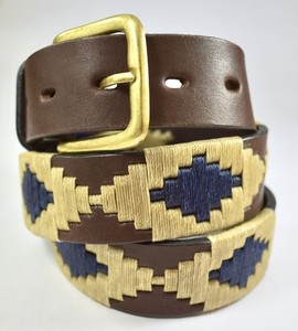 Luxury Handmade Brown Leather Argentine Polo <b>Belt</b> With Forest Green Navy White And <b>Red</b> Pampa Diamonds - Product Image 6