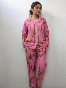 Vibrant Pink Flock Print Palm Tree Pure Cotton Summer Night Suit for Women Elegant Two-Piece Collared Pajama Set - Product Image 1