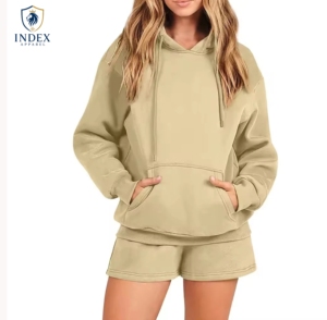 Conjunto de Sudadera con Capucha Color Caqui para Mujer, 2 Piezas, Felpa, Color Sólido, Manga Larga, Corte Holgado Informal, para Primavera/Verano, Marca INDEX APPAREL - Product Image 1